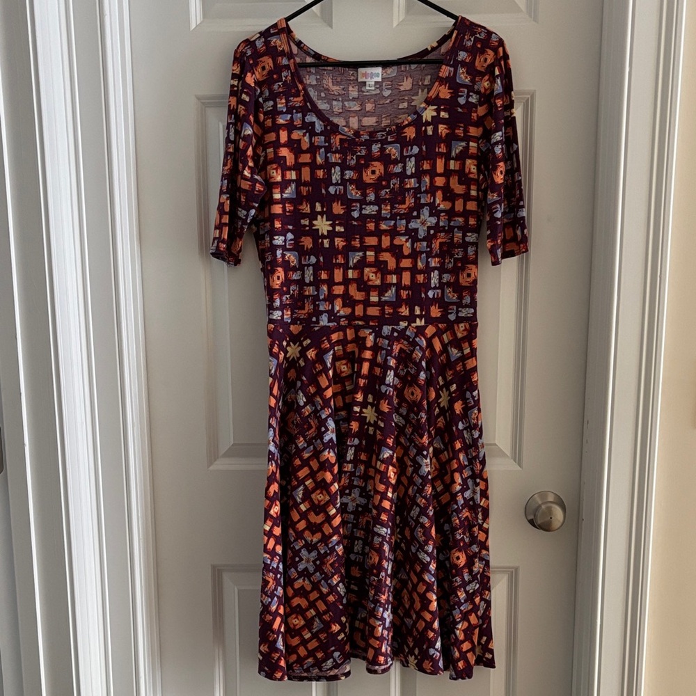 LuLaRoe Geometric Purple and Orange Midi Dress